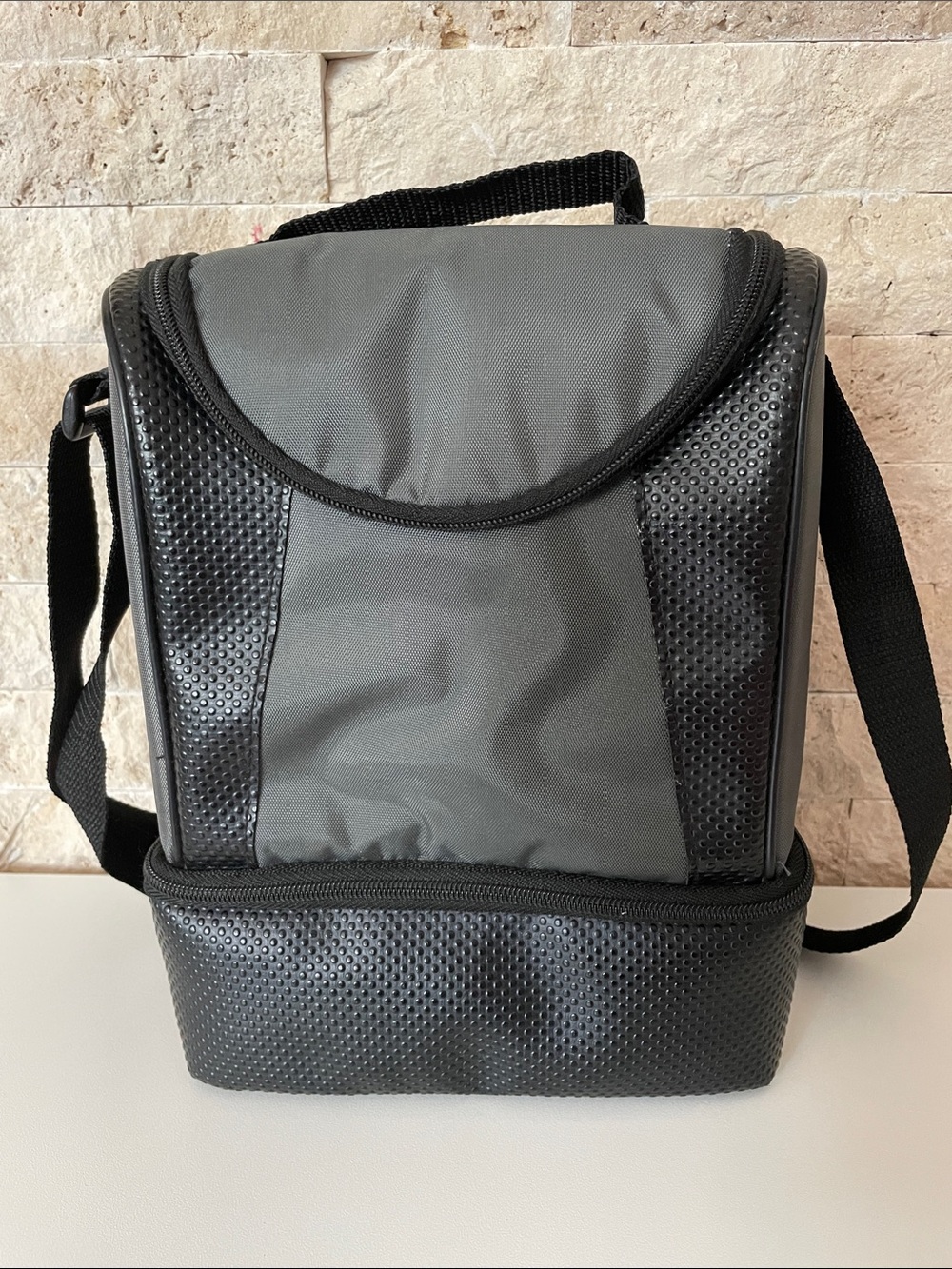 Gray and Black Insulated Lunch Bag with Shoulder Strap
